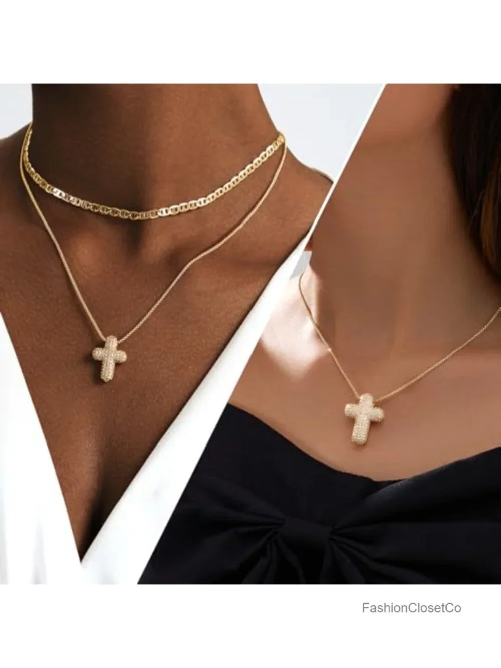 14k Gold Plated Cross Necklace Set with CZ Bubble Pendant